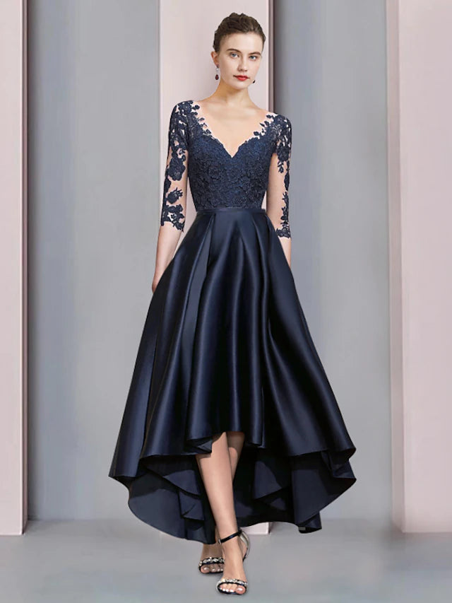 A-Line Mother of the Bride Dress Wedding Guest Vintage Sexy V Neck Asymmetrical Satin Lace Half Sleeve