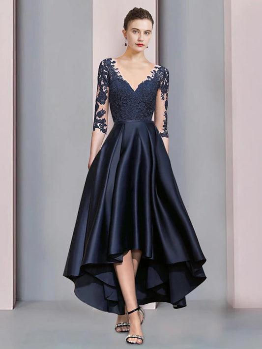 A-Line Mother of the Bride Dress Wedding Guest Vintage Sexy V Neck Asymmetrical Satin Lace Half Sleeve