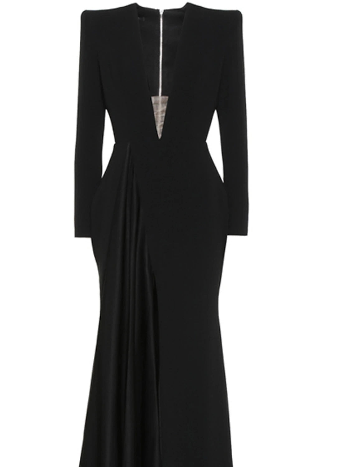 A-Line Evening Gown Elegant Black Champagne Dress Plus Size Dress Formal Sweep / Brush Train Long Sleeve V Neck Stretch Fabric with Pleats