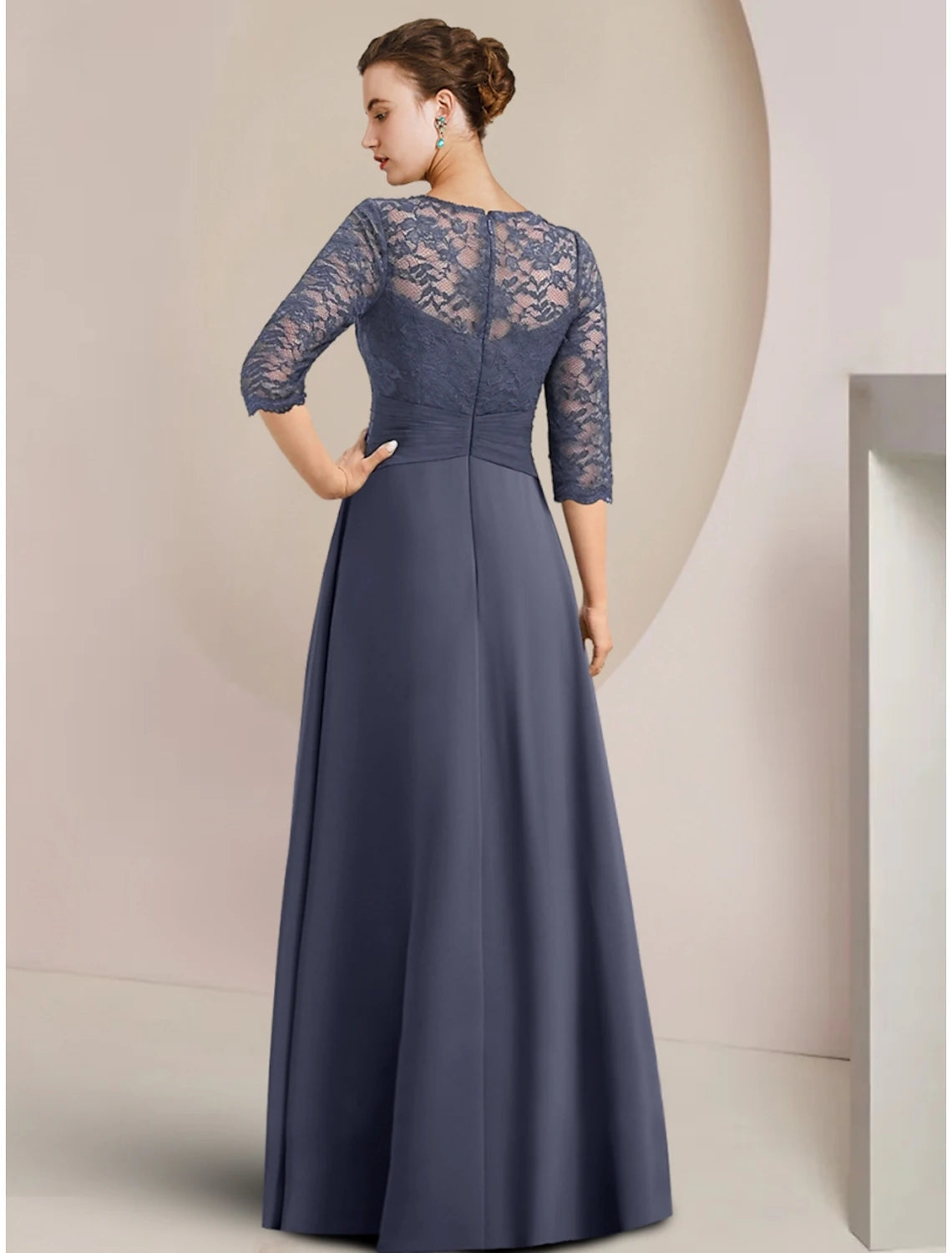 A-Line Mother of the Bride Dress Wedding Guest Elegant Jewel Neck Asymmetrical Chiffon Half Sleeve with Lace Crystal Brooch