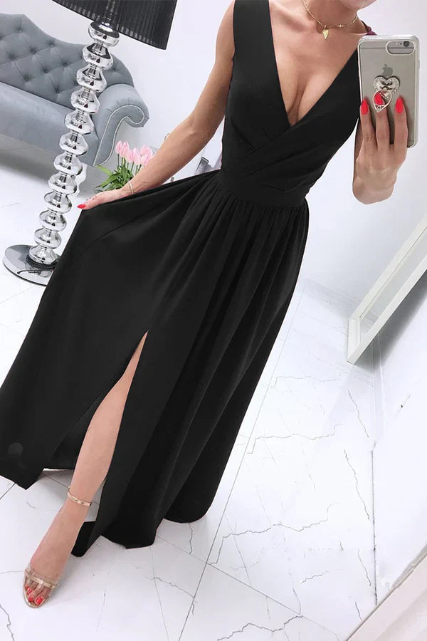 Sexy and minimalist solid color slit V-neck evening dress Party Dress