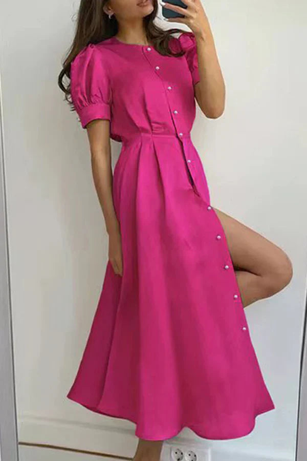 Elegant solid color buckle O-neck A-line short sleeved evening dress Party Dress