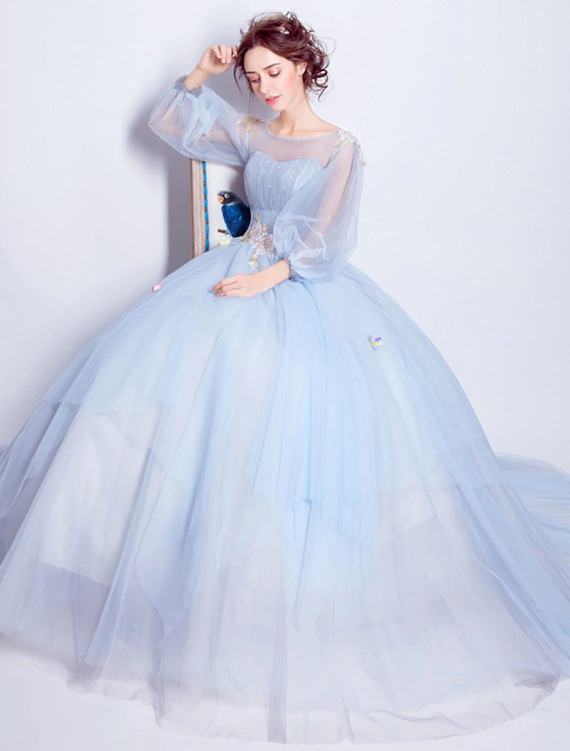 Ball Gown Prom Dresses Elegant Dress Quinceanera Engagement Floor Length 3/4 Length Sleeve Illusion Neck Tulle