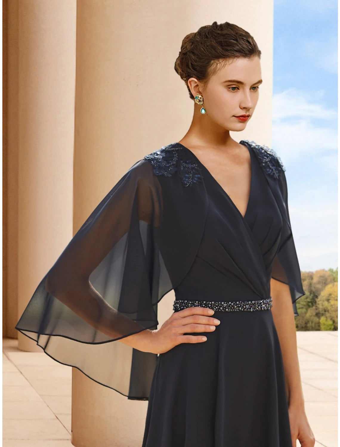 A-Line Mother of the Bride Dress Wedding Guest Elegant Petite V Neck Tea Length Chiffon Half Sleeve with Sequin