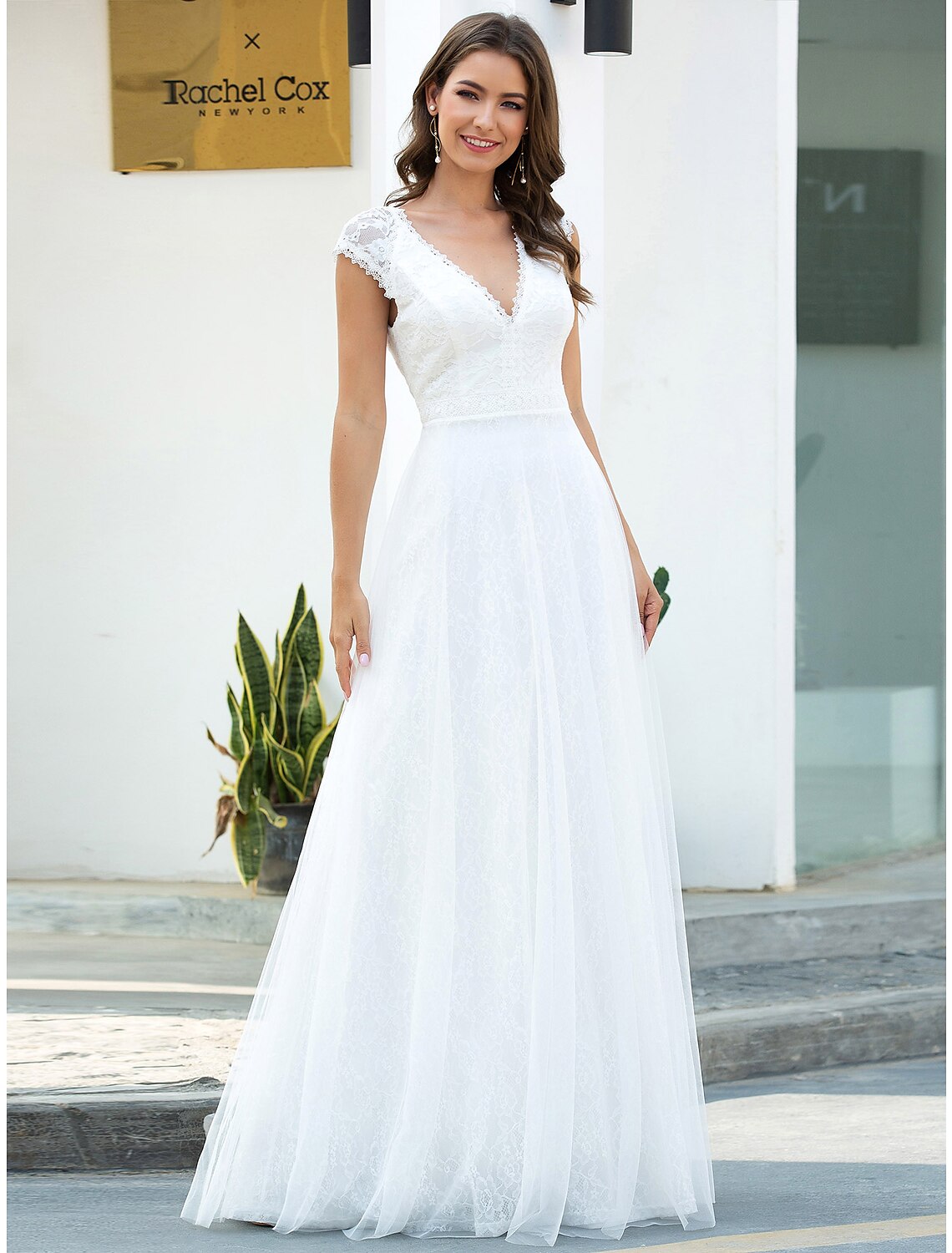 Beach Wedding Dresses A-Line V Neck Cap Sleeve Floor Length Lace Bridal Gowns