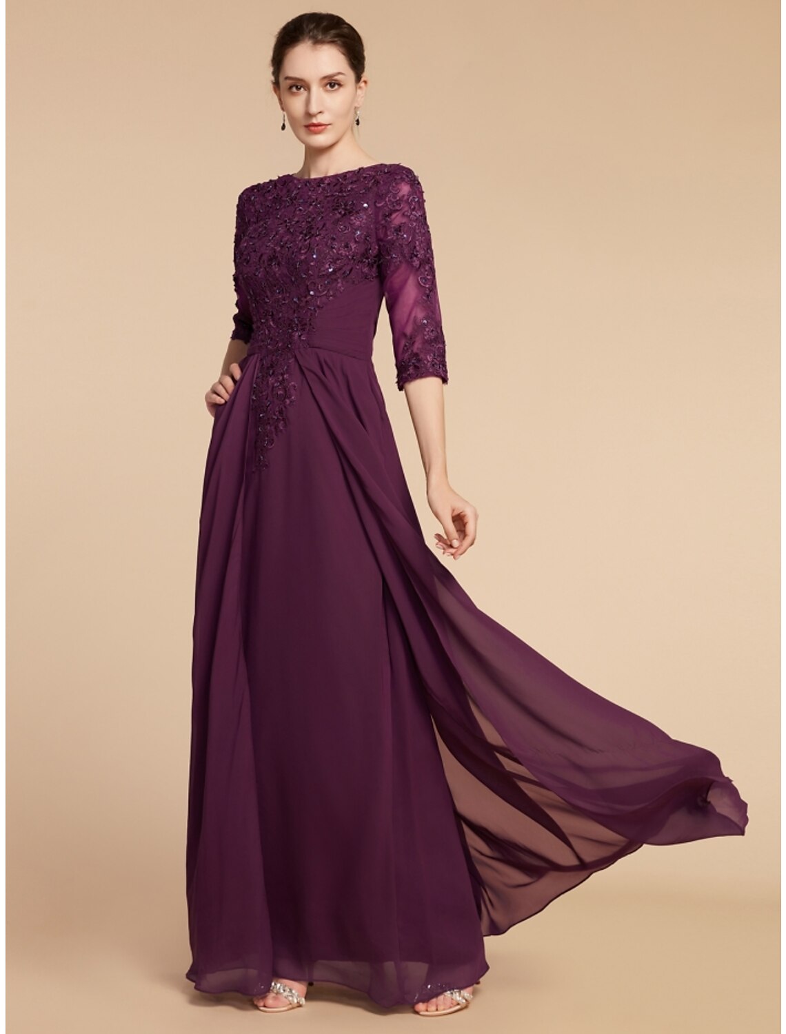 Sheath / Column Mother of the Bride Dress Wedding Guest Elegant Scoop Neck Floor Length Chiffon Lace Half Sleeve with Pleats
