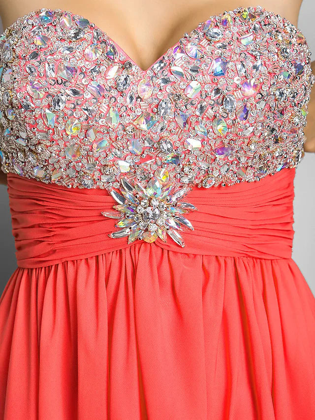 A-Line Cute Dress Wedding Guest Short / Mini Sleeveless Sweetheart Chiffon with Ruched Crystals