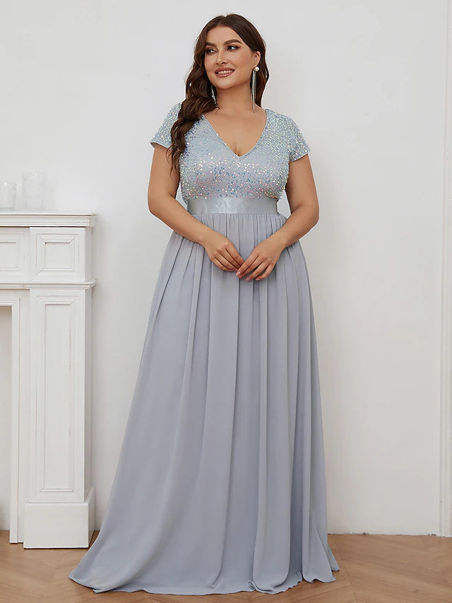 A-Line Bridesmaid Dress V Neck Short Sleeve Elegant Floor Length Chiffon