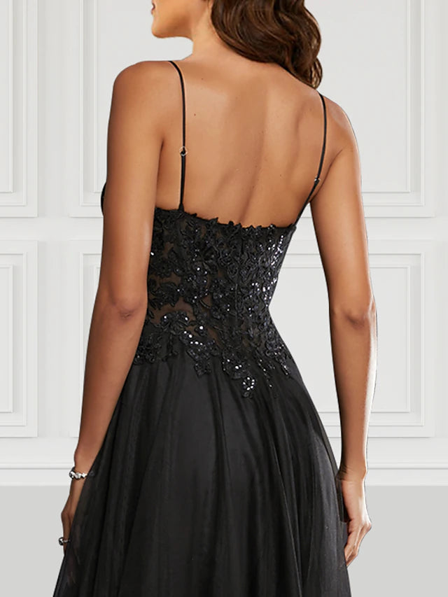A-Line Prom Dresses Black Dress Party Wear Floor Length Sleeveless Spaghetti Strap Tulle
