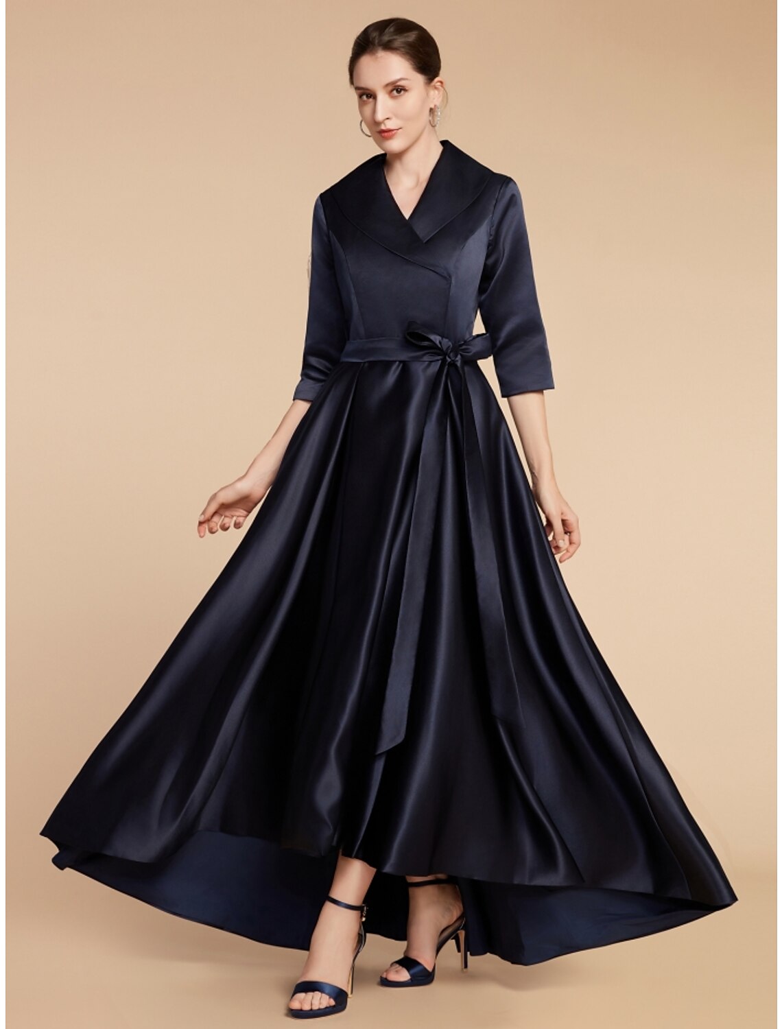 A-Line Mother of the Bride Dress Wedding Guest Elegant V Neck Ankle Length Satin Half Sleeve with Sash / Ribbon Ruching