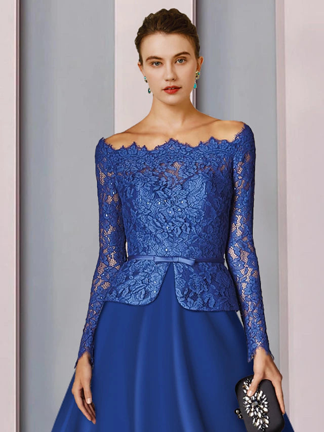 A-Line Mother of the Bride Dress Formal Church Party Elegant Off Shoulder Tea Length Satin Lace Long Sleeve