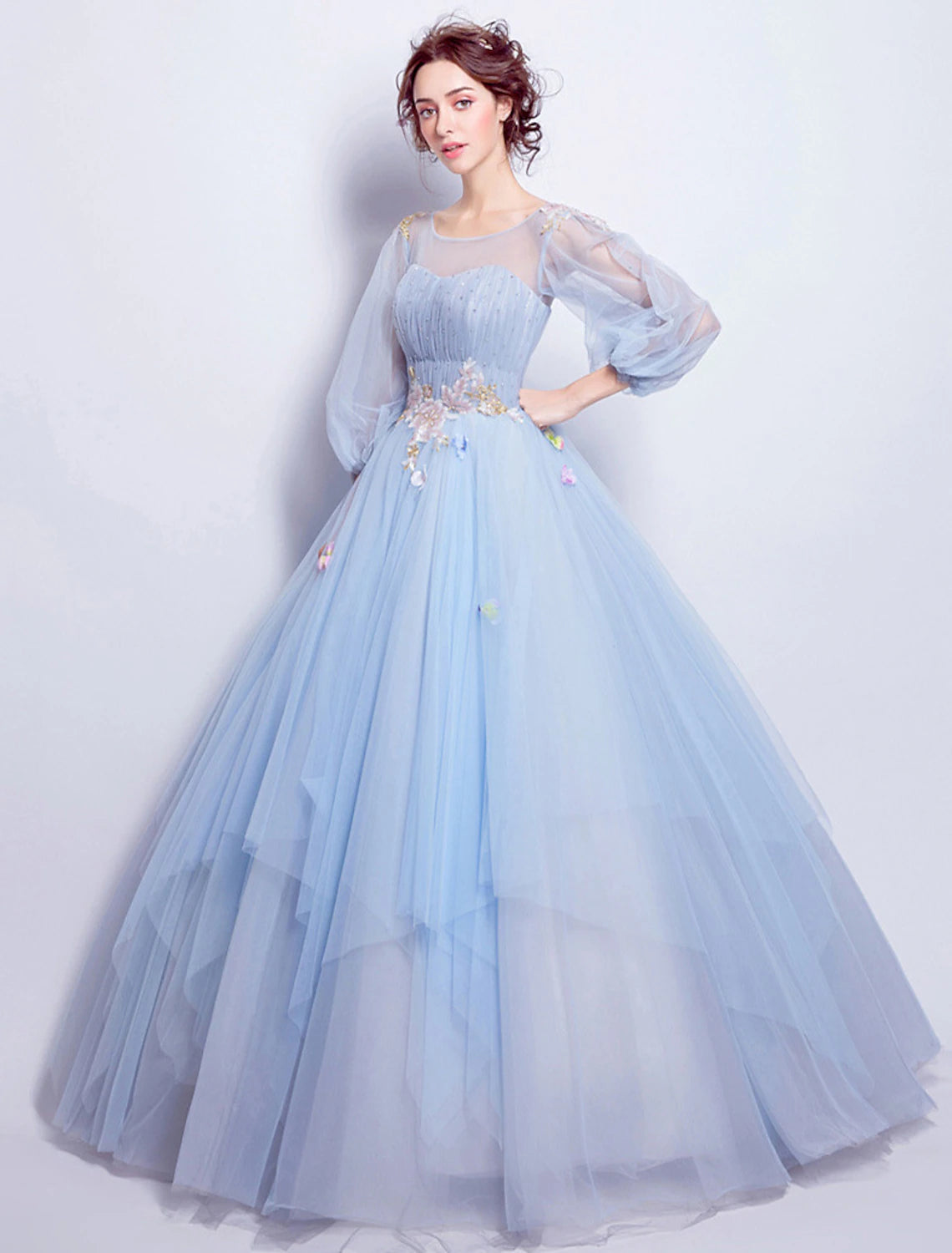 Ball Gown Prom Dresses Elegant Dress Quinceanera Engagement Floor Length 3/4 Length Sleeve Illusion Neck Tulle