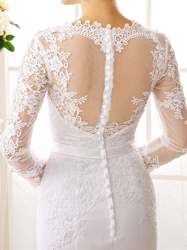Engagement Open Back Formal Wedding Dresses Court Train Mermaid / Trumpet Long Sleeve Illusion Neck Chiffon With Sash