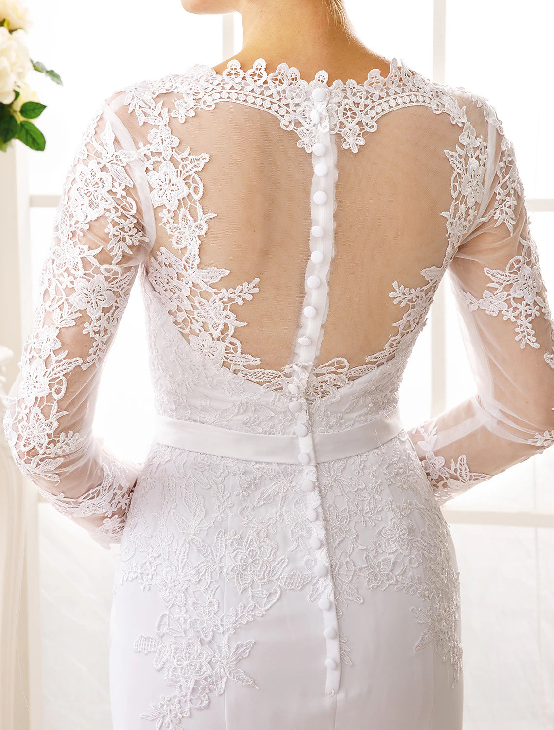 Engagement Open Back Formal Wedding Dresses Mermaid / Trumpet Illusion Neck Long Sleeve Court Train Chiffon Bridal Gowns With Sash
