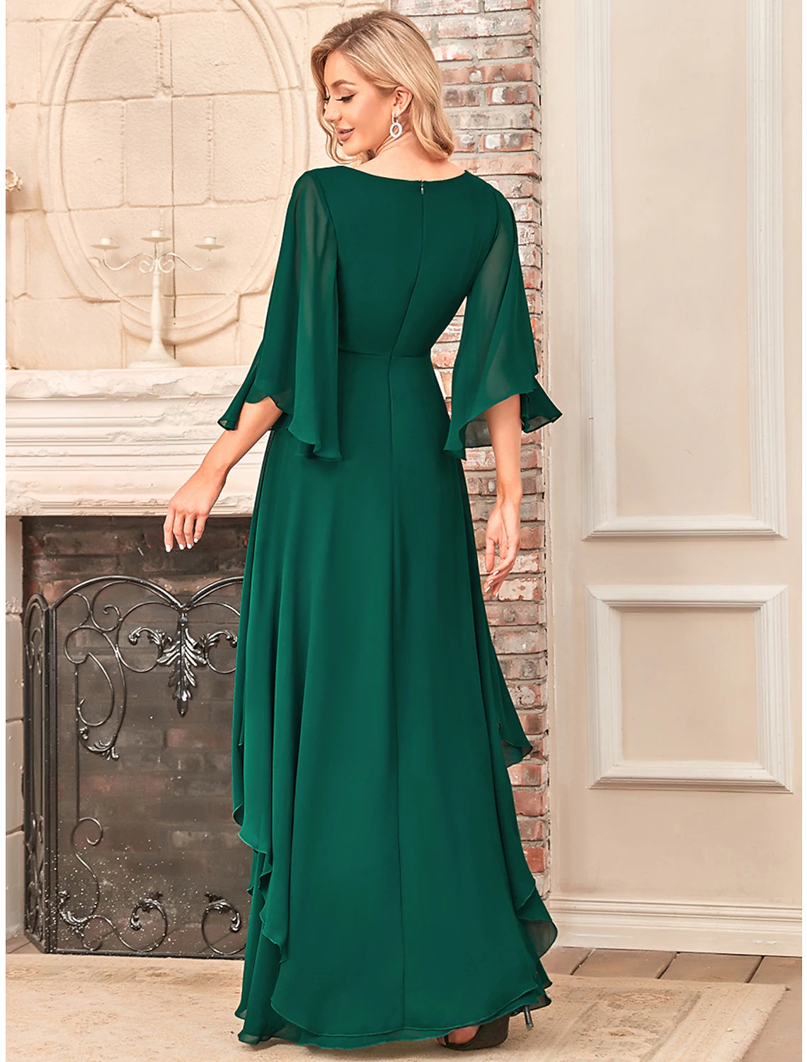 A-Line Mother of the Bride Dress Elegant V Neck Floor Length Chiffon Half Sleeve with Sash