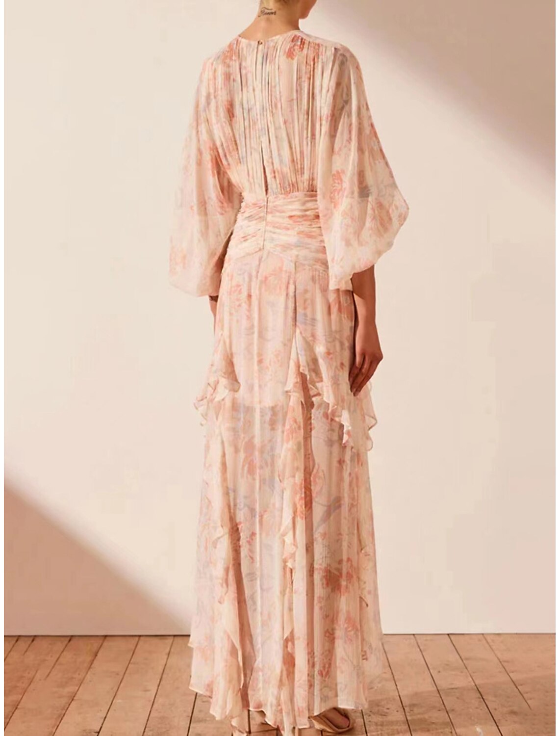 A-Line Wedding Guest Dresses Maxi Dress Holiday Floor Length Long Sleeve Jewel Neck Polyester with Floral Print