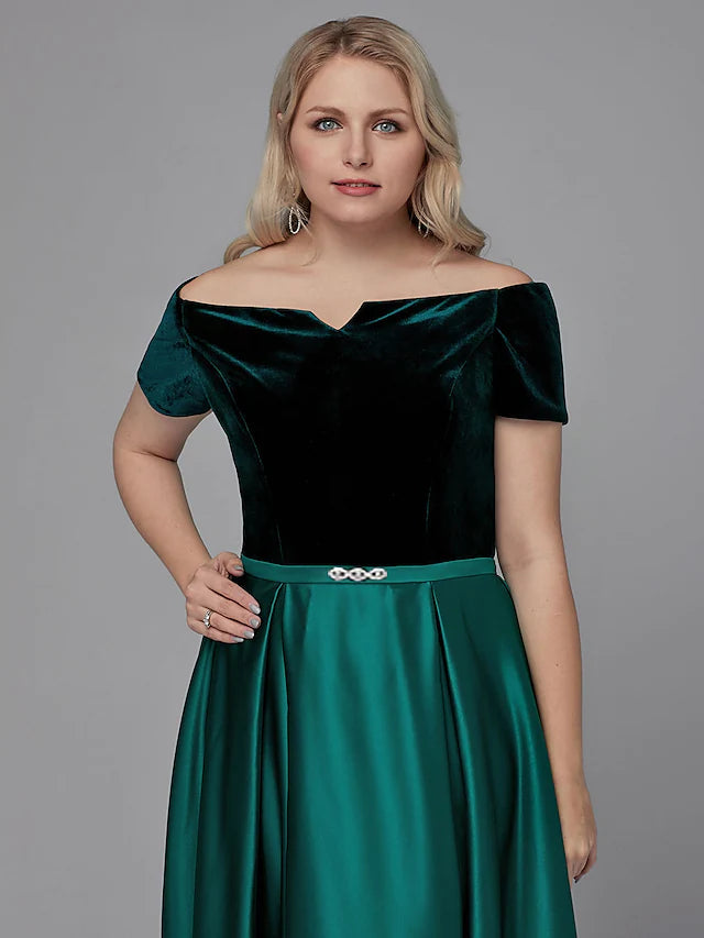 A-Line Special Occasion Dresses Elegant Dress Wedding Guest Floor Length Short Sleeve Off Shoulder Satin