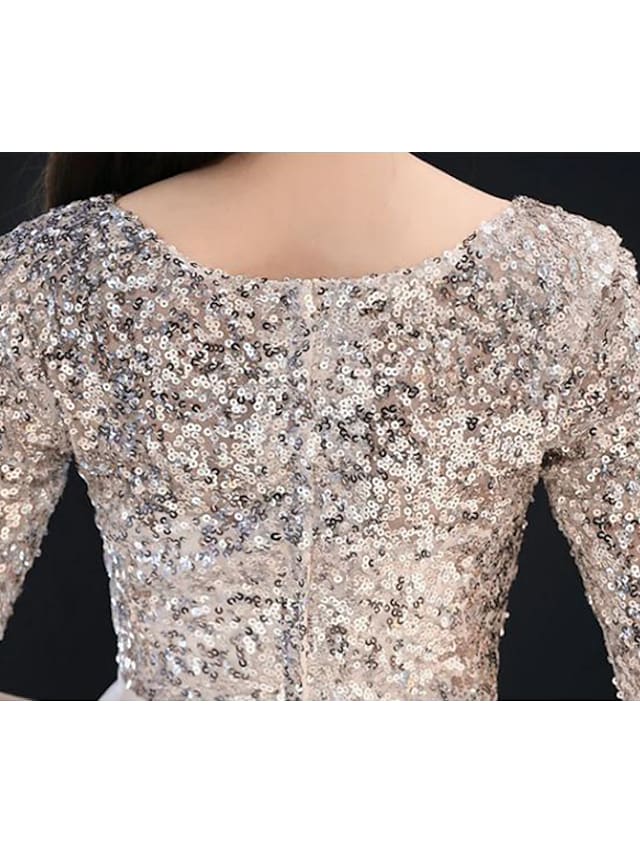 A-Line Sparkle White Cocktail Party Prom Dress Jewel Neck Half Sleeve Tea Length Satin