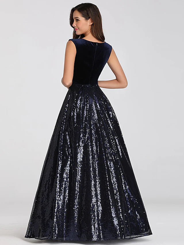 A-Line Prom Dresses Elegant Dress Prom Floor Length Sleeveless Plunging Neck Sequined with Sash