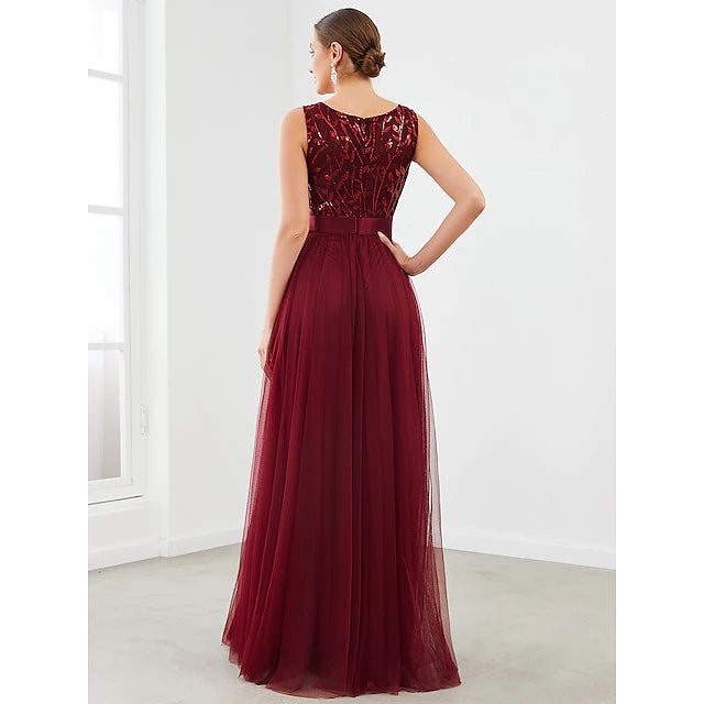 A-Line Bridesmaid Dress Jewel Neck Sleeveless Sparkle & Shine Floor Length Tulle