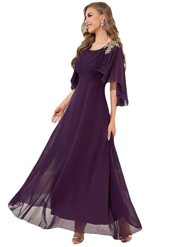 A-Line Wedding Guest Dresses Elegant Dress Party Wear Floor Length Half Sleeve Jewel Neck Chiffon