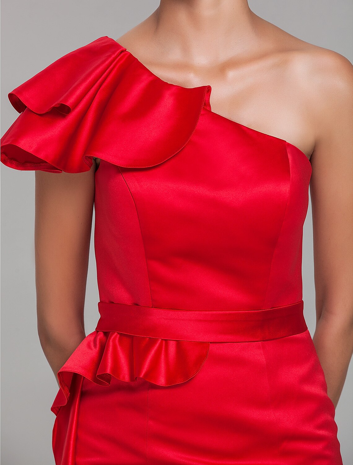 Sheath / Column One Shoulder Short / Mini Satin Bridesmaid Dress with Sash / Ribbon