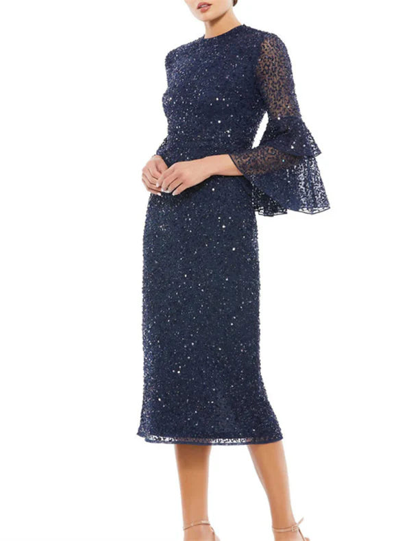 Sheath / Column Cocktail Dresses Party Dress Wedding Guest Party Wear Tea Length 3/4 Length Sleeve Jewel Neck Sequined with Sequin