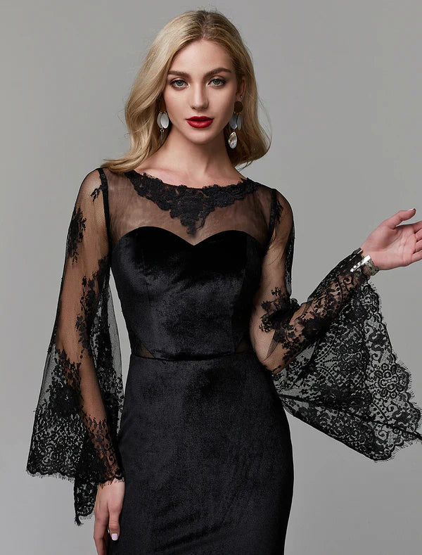 Sheath / Column Elegant Dress Wedding Guest Engagement Floor Length Long Sleeve Illusion Neck Lace with Lace