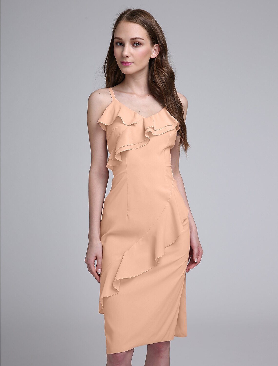 Sheath / Column Bridesmaid Dress Spaghetti Strap Sleeveless Elegant Knee Length Chiffon