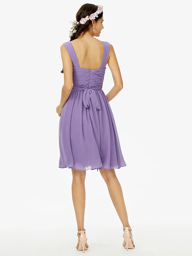 A-Line Bridesmaid Dress Straps Sleeveless Open Back Knee Length Chiffon with Sash / Ribbon / Bow(s)