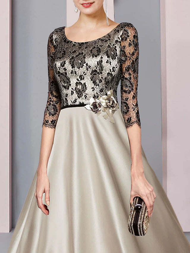 A-Line Mother of the Bride Dress Formal Church Party Elegant Scoop Neck Tea Length Satin Lace Half Sleeve with Flower Color