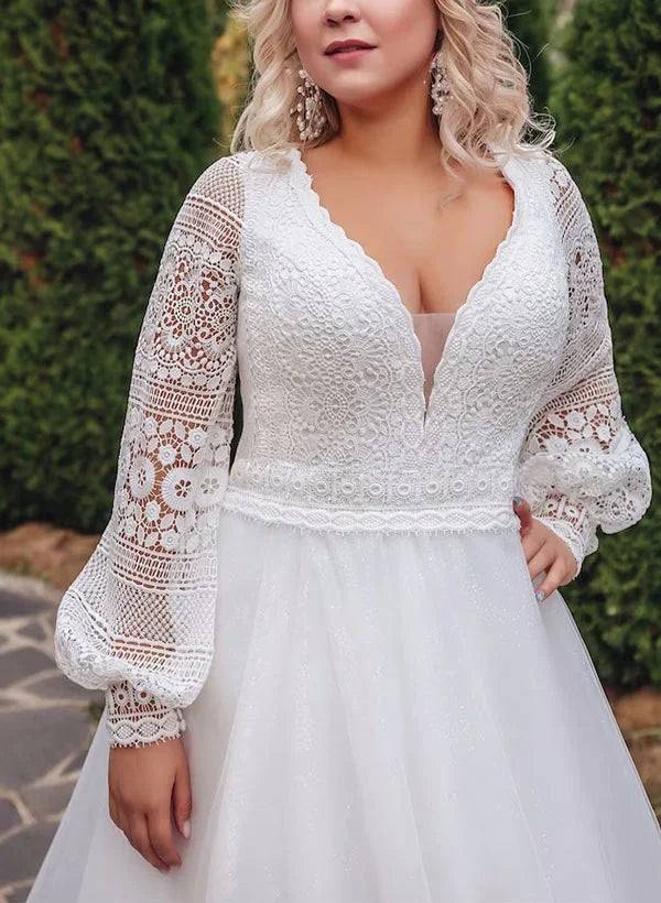 A-line/Princess V-neck Large Sticker Lace Wedding Dress Plus Size Beautiful