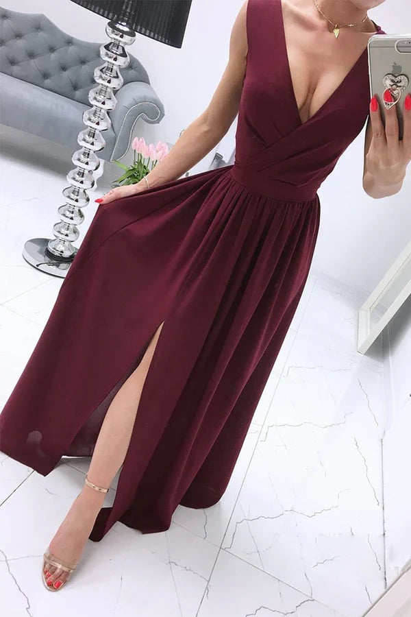 Sexy and minimalist solid color slit V-neck evening dress Party Dress