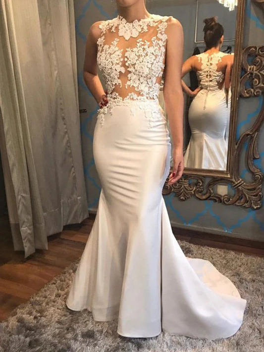 Fishtail Sleeveless Low Round Neck Palace Train Applique Satin Wedding Dress Beautiful