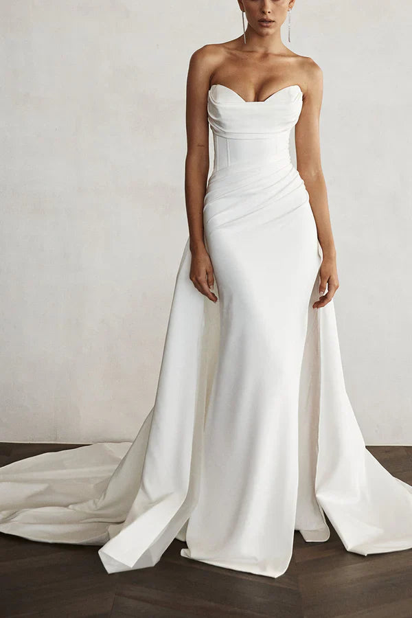 Tight Sweetheart Satin Pleated Side Split Simple Wedding Dress Off Shoulder Sexy