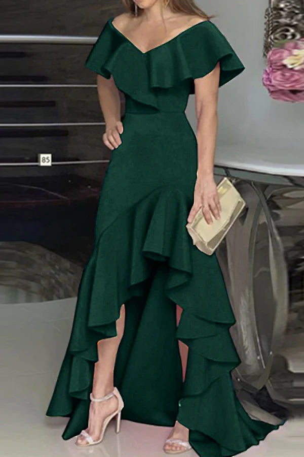 Fashionable solid color ruffled edge V-neck irregular evening dress Sexy Party Dress