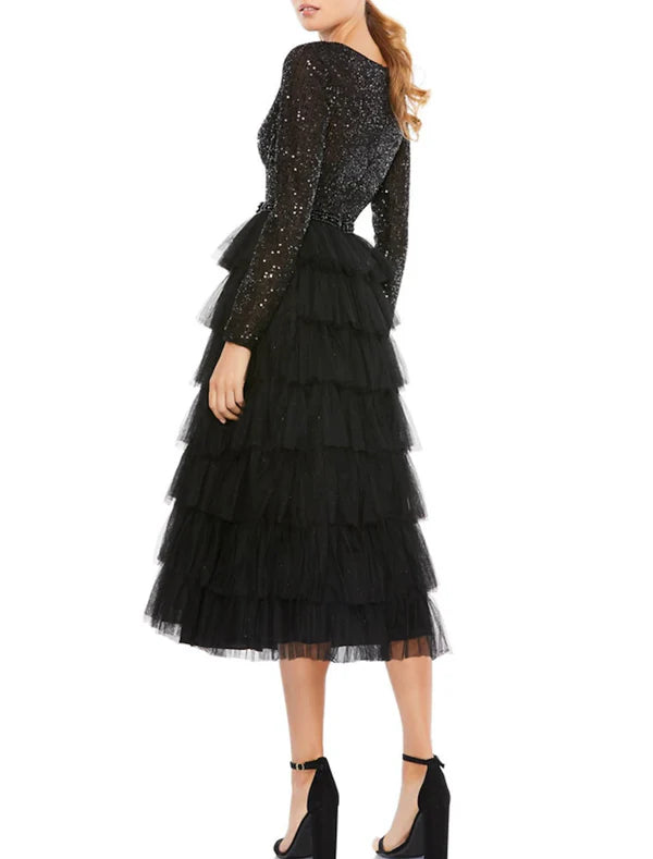 A-Line Cocktail Dresses Elegant Dress Wedding Guest Party Wear Tea Length Long Sleeve Jewel Neck Fall Wedding Guest Tulle with Sequin