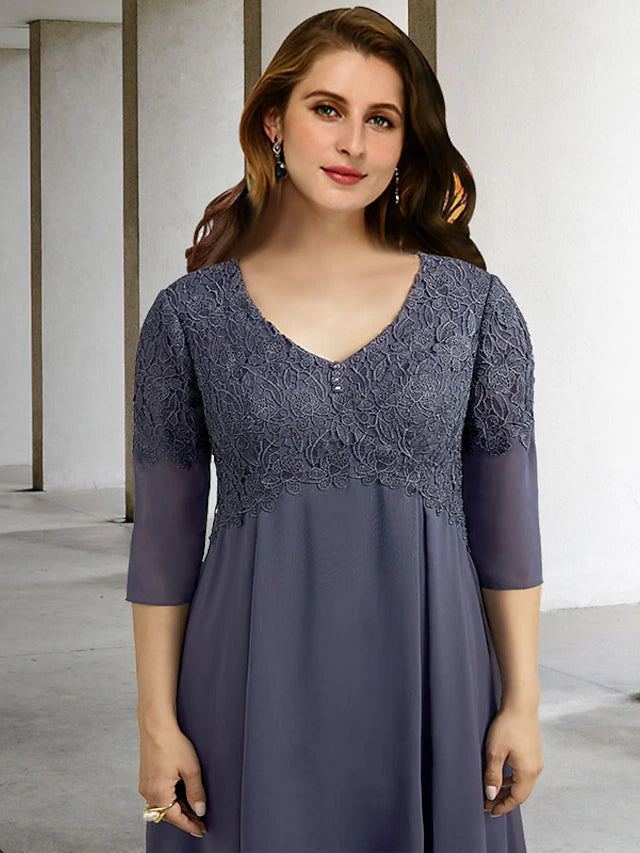 A-Line Plus Size Curve Mother of the Bride Dresses Elegant Dress Formal Tea Length Half Sleeve V Neck Chiffon with Buttons