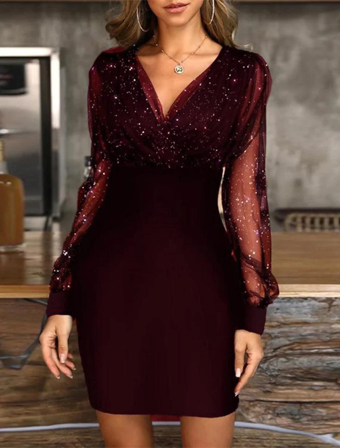 Black Dress Wedding Guest Cocktail Dress Sexy V Neck Bodycon Patchwork Long Mesh Sleeve Spring Sparkly