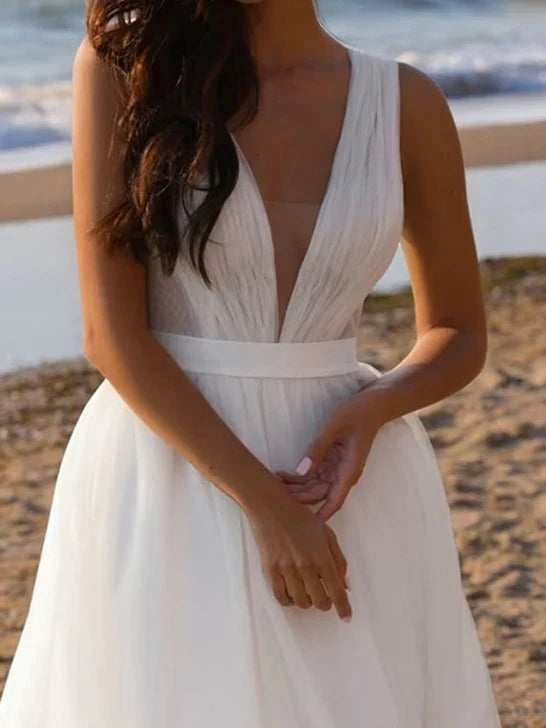 A-line/Princess Deep V-neck and Floor sheer Wedding Dress Sexy Pure Color