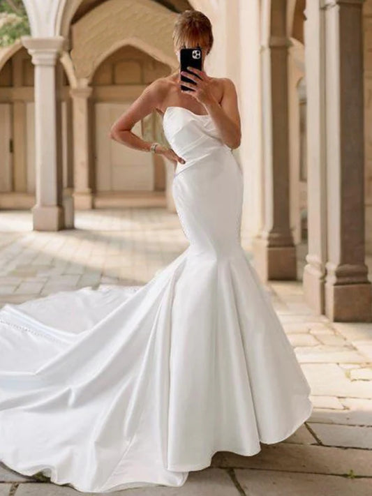 Fish tail straight pleated church tail satin wedding dress Off Shoulder Sexy