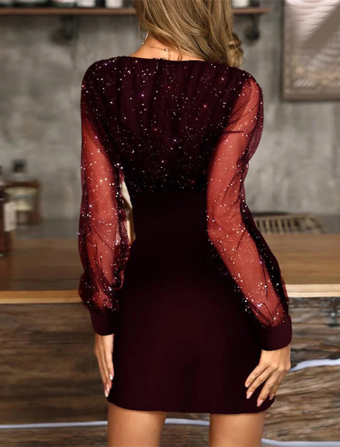 Black Dress Wedding Guest Cocktail Dress Sexy V Neck Bodycon Patchwork Long Mesh Sleeve Spring Sparkly