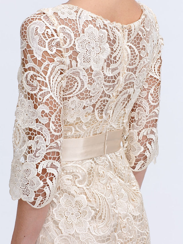 Sheath / Column Mother of the Bride Dress Formal Wedding Guest Plus Size Elegant Illusion Neck Knee Length All Over Lace 3/4 Length Sleeve