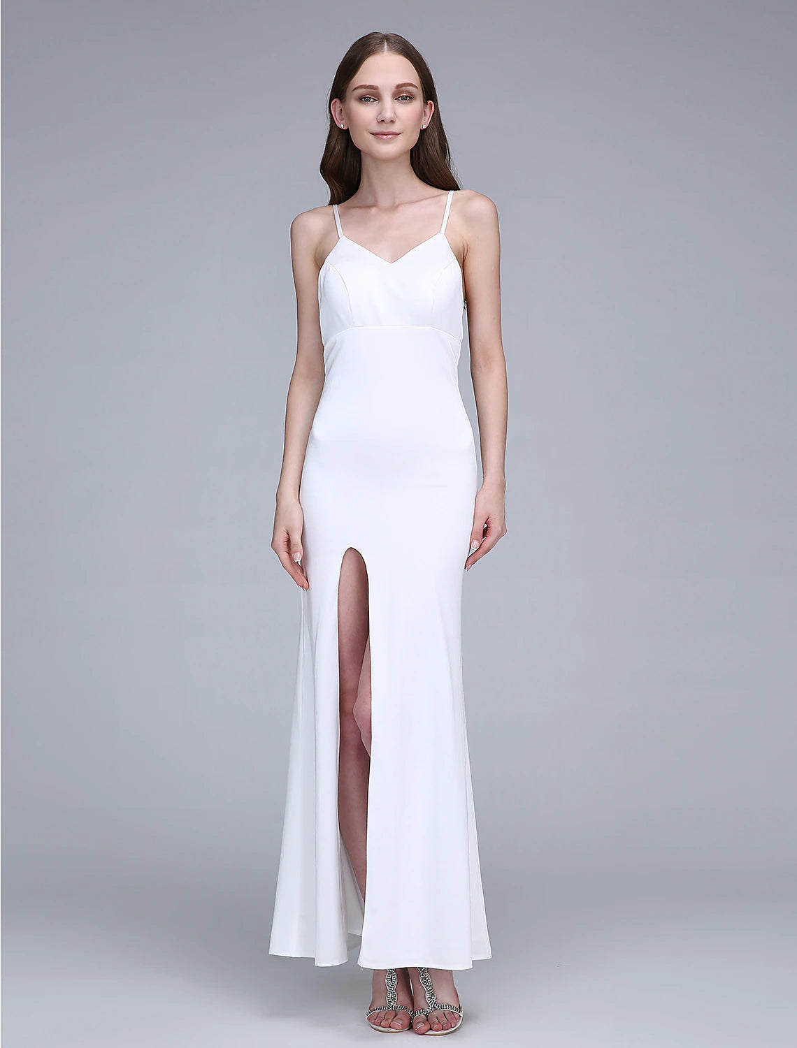 Sheath / Column Bridesmaid Dress Bateau Neck Sleeveless Open Back Ankle Length Chiffon with Split Front