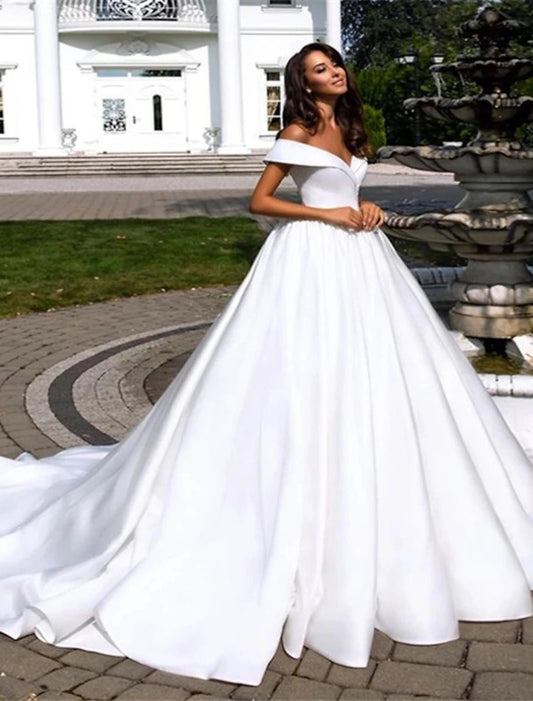 Formal Wedding Dresses Ball Gown Off Shoulder Cap Sleeve Chapel Train Satin Bridal Gowns