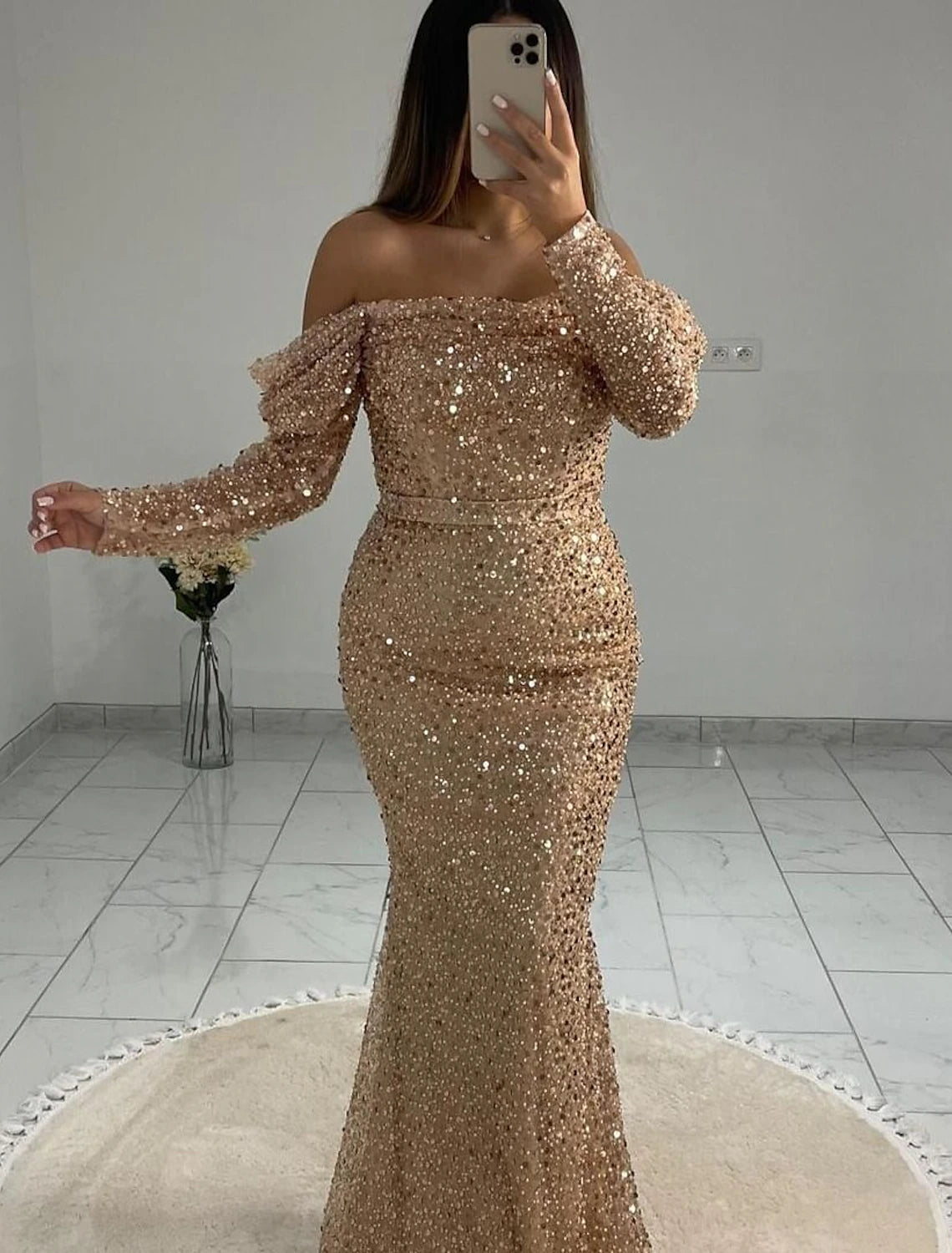 Mermaid / Trumpet Evening Gown Elegant Dress Wedding Black Tie Floor Length Long Sleeve Off Shoulder Sequined