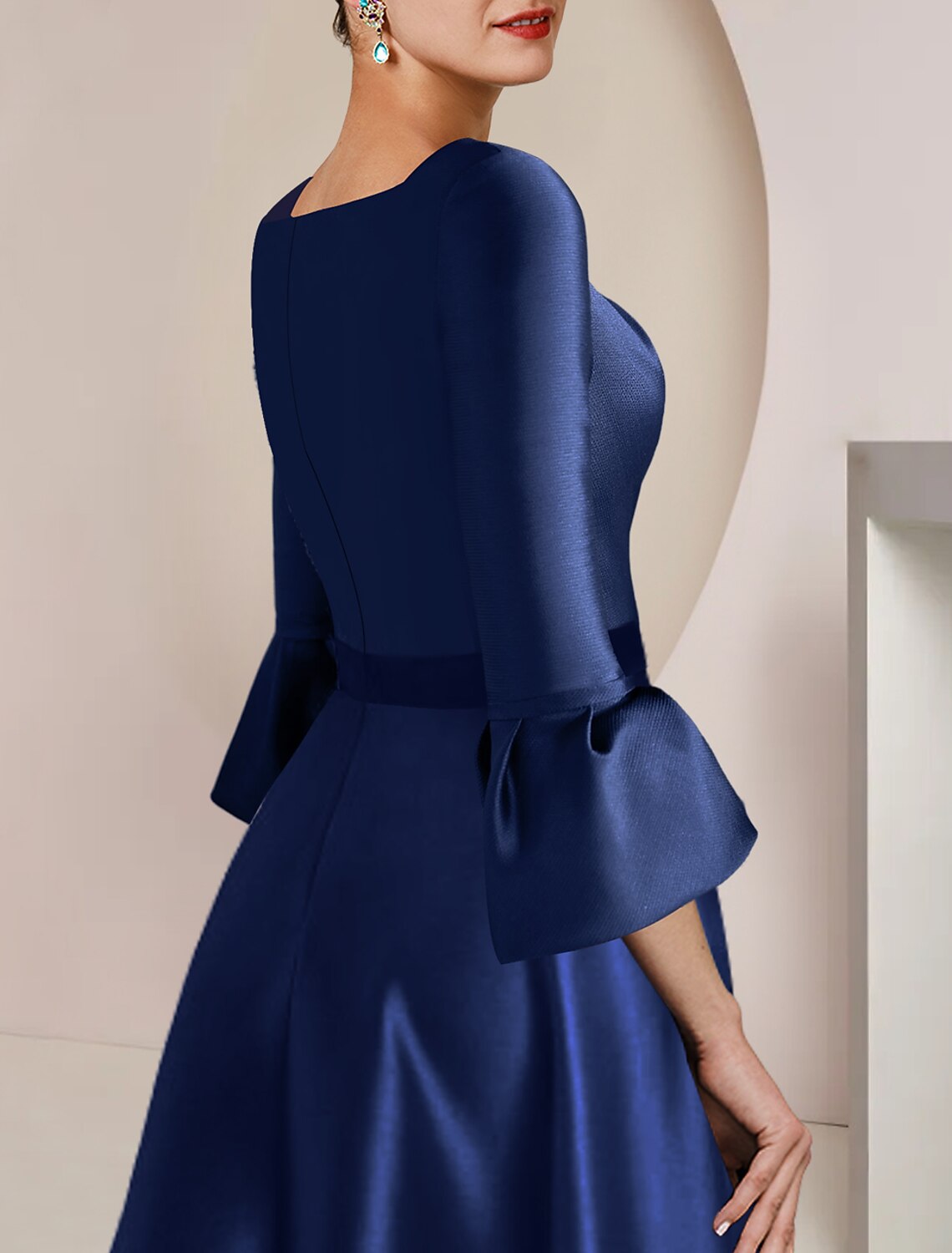 A-Line Mother of the Bride Dress Formal Wedding Guest Party Elegant Bateau Neck Tea Length Satin 3/4 Length Sleeve with Bow(s)