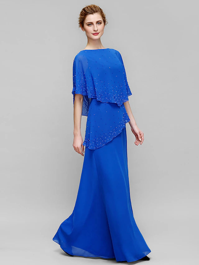 Sheath / Column Mother of the Bride Dress Elegant Bateau Neck Floor Length Chiffon Sleeveless