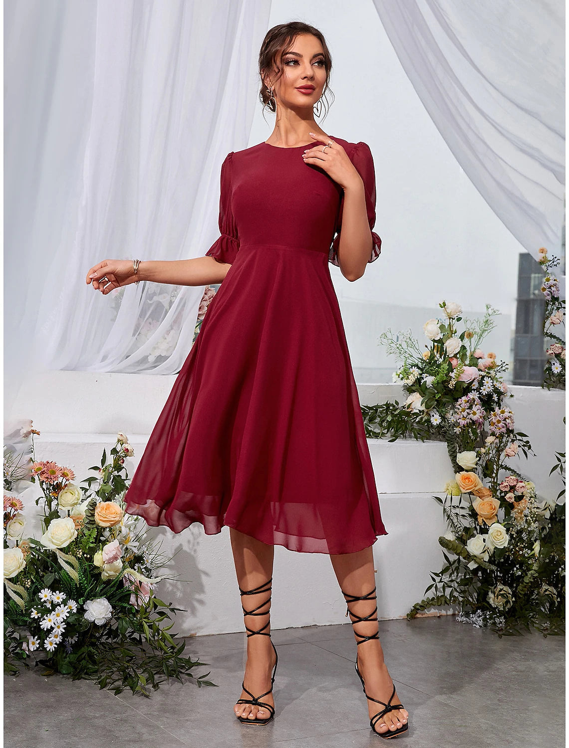 A-Line Wedding Guest Dresses Elegant Dress Holiday Tea Length Half Sleeve Jewel Neck Chiffon