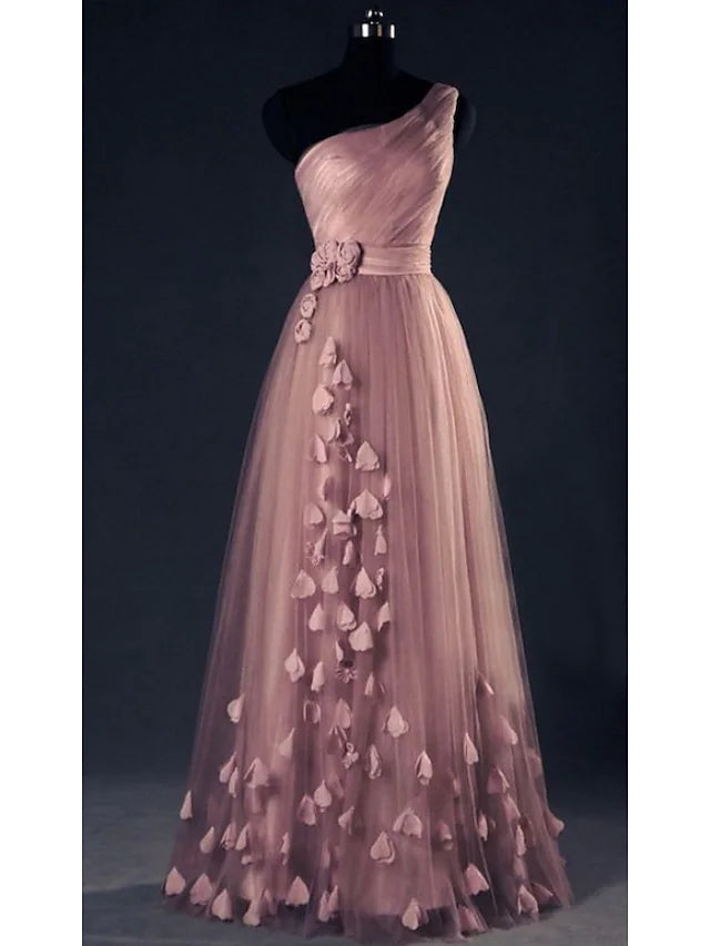 A-Line Prom Dresses Elegant Dress Wedding Guest Floor Length Sleeveless One Shoulder Tulle
